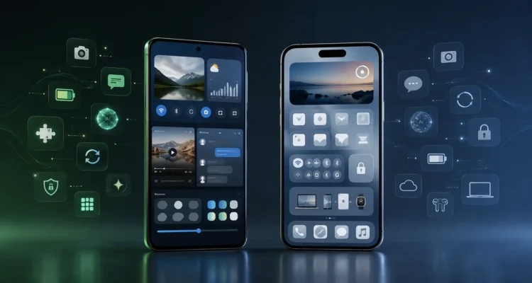 Android versus iPhone comparison showing two modern smartphones