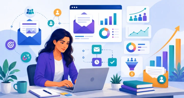 Email Marketing Strategy illustration showing campaign planning, subscriber growth, email analytics, automation, and conversion elements.
