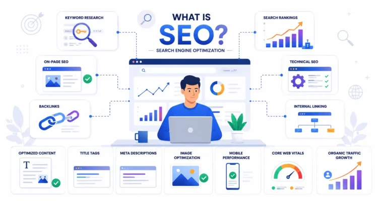 What is search engine optimization illustration showing keywords on-page SEO technical SEO backlinks and organic traffic