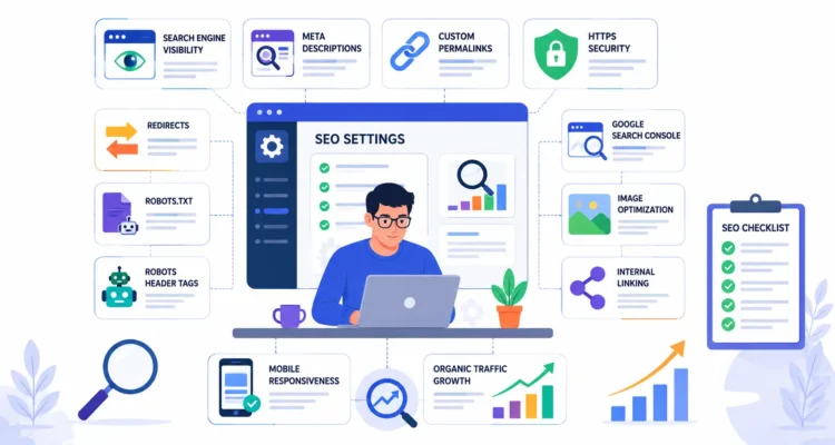 Blogger SEO settings showing search visibility meta descriptions permalinks robots settings Search Console and optimization