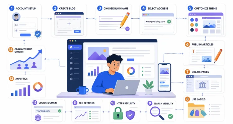 How to Create a Blogger Blog: 10 Easy Steps for Beginners 1 How to create a Blogger blog showing blog setup content publishing theme customization SEO and website growth