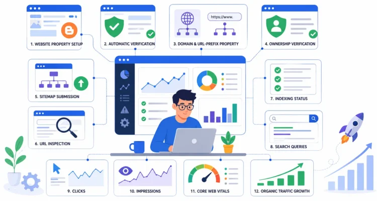 Connect Blogger to Google Search Console showing property verification sitemap indexing URL inspection and search performance
