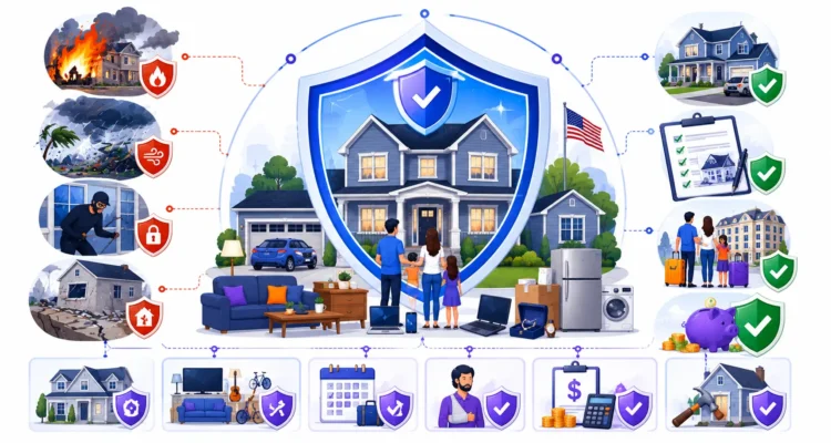 Homeowners insurance in the United States protecting a house belongings and liability risks