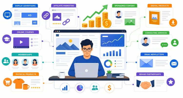 How to make money by blogging showing advertising affiliate marketing digital products sponsored content and blog revenue