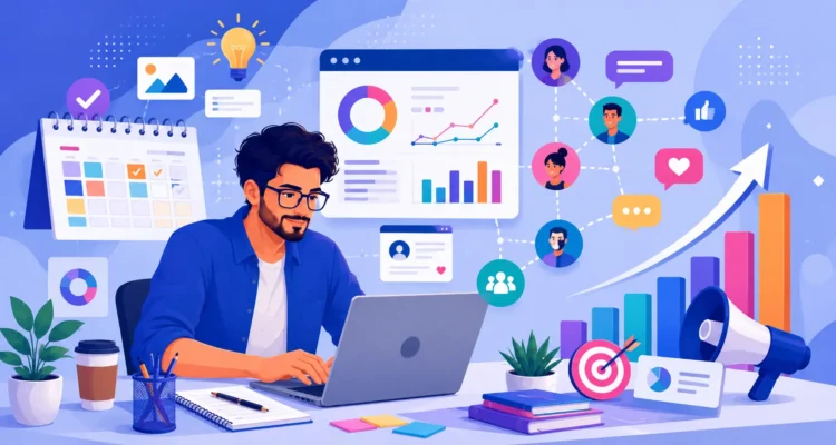 Social Media Marketing Strategies illustration showing a digital marketer with content planning, audience engagement, analytics charts, and growth elements.