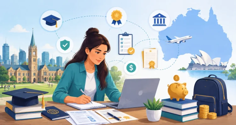 Scholarships illustration showing an international student with funding documents, university, graduation cap, passport, and study abroad elements.