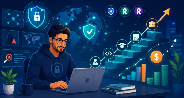 Cyber Security Analyst Salary illustration showing a cybersecurity professional with salary growth charts, shield icons, network security, and career development elements.