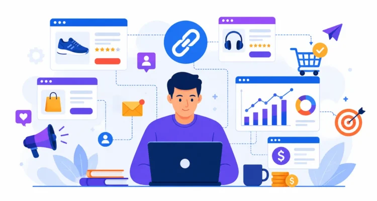 Affiliate marketing guide showing referral links, commissions and online promotion