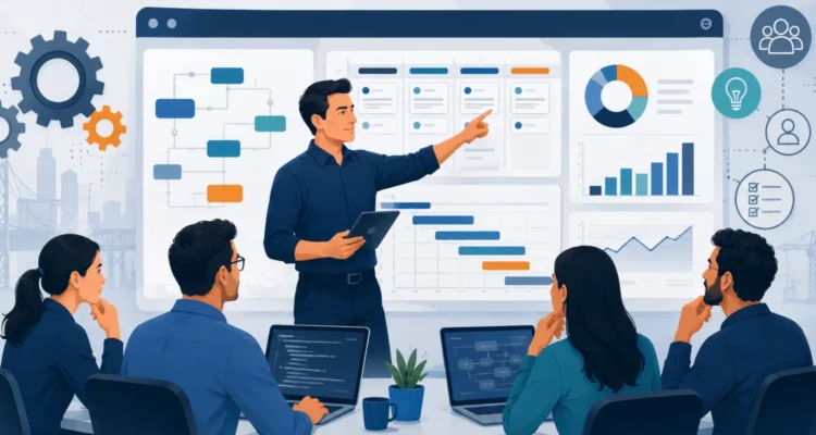 Engineering Management flat design illustration showing a confident manager leading a technical team with project charts, workflow boards, gears, and analytics dashboards.