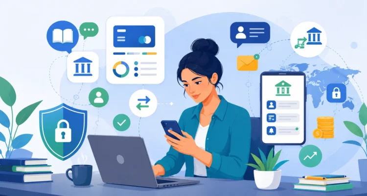 English for Digital Banking illustration showing online banking, financial vocabulary, secure transactions, payment icons, and digital security.