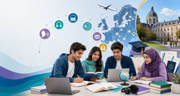 European Language illustration showing Pakistani students learning with books, laptops, language symbols, university, and study abroad elements.