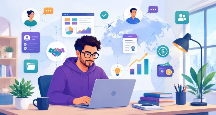 Freelancing illustration showing a digital professional working on a laptop with clients, projects, payments, remote work, and career growth elements.