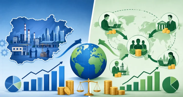 GDP vs GNP comparison illustration with economy charts, globe, factories, trade, and income flow icons.