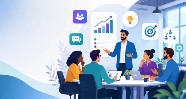 Organizational Behavior illustration showing a professional team collaborating with leadership, communication, motivation, and workplace performance elements.