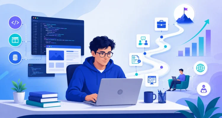 Web development jobs illustration showing a beginner developer coding on a laptop with career path, portfolio, and hiring opportunity icons.