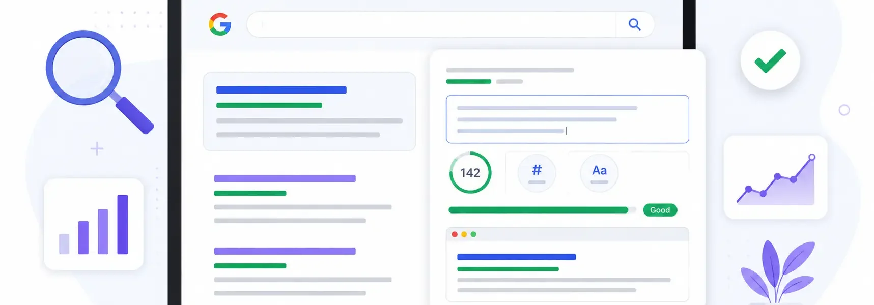 Meta Description Length Checker showing Google search snippet preview and SEO optimization interface