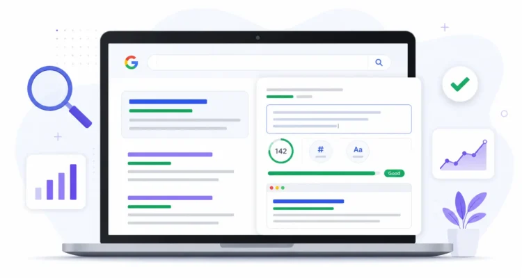 Meta Description Length Checker showing Google search snippet preview and SEO optimization interface