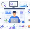 Blogging and SEO guide showing blog setup search optimization content creation traffic growth and monetization