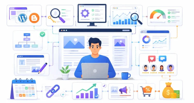 Blogging and SEO guide showing blog setup search optimization content creation traffic growth and monetization