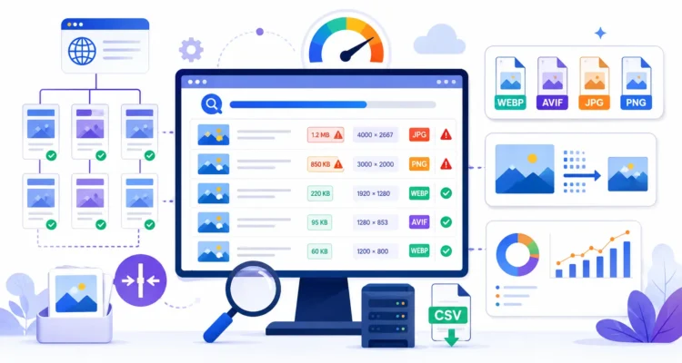 Bulk Image Size & WebP Checker auditing website images for size format and dimensions