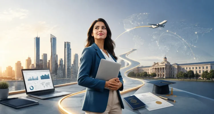 Business career and study abroad guide showing global careers, digital skills and international education
