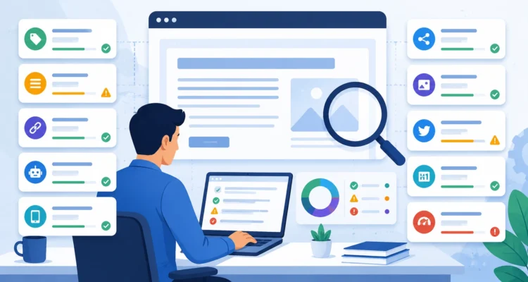 Meta SEO Audit Tool illustration showing a webpage audit with SEO title, meta description, canonical URL, robots meta, Open Graph, Twitter Card, and H1 checks.