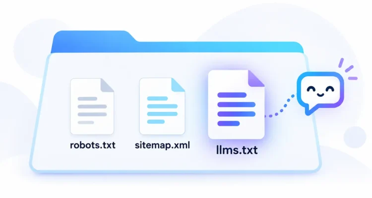 Website root folder showing robots.txt, sitemap.xml and a highlighted llms.txt file connected to an AI chat bubble